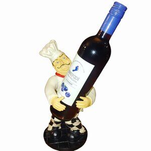 Chef Wine Bottle Holder Figurine Red Scarf Checkered Pants Kitchen Decor Italian